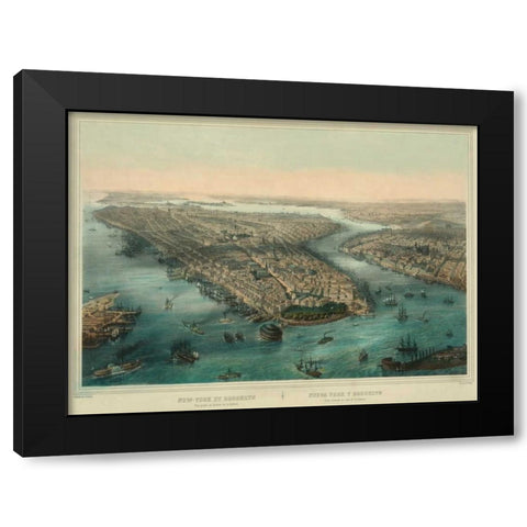 Birds-eye view of Manhattan, New York Black Modern Wood Framed Art Print with Double Matting by Unknown