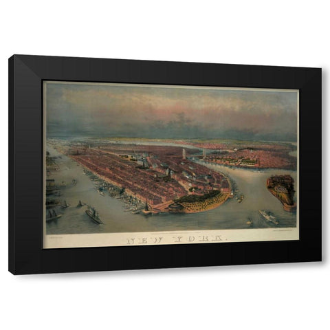 Birds-eye view of Manhattan, New York Black Modern Wood Framed Art Print with Double Matting by Unknown