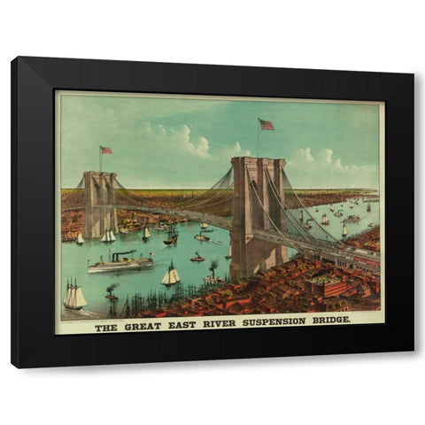Brooklyn Bridge Black Modern Wood Framed Art Print with Double Matting by Unknown