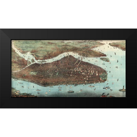 Birds-eye view of Manhattan, New York Black Modern Wood Framed Art Print by Unknown