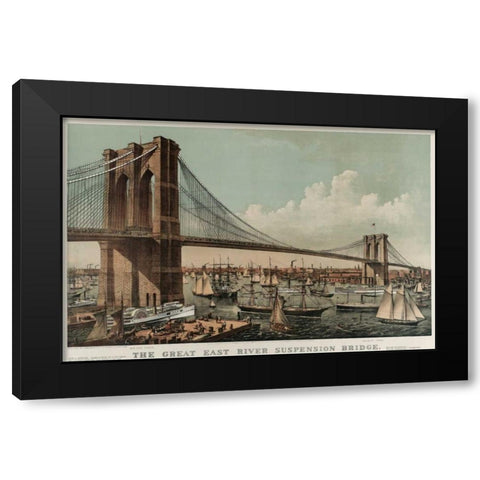 Brooklyn Bridge Black Modern Wood Framed Art Print with Double Matting by Unknown