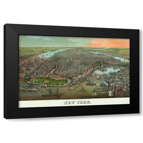 Birds-eye view of Manhattan, New York Black Modern Wood Framed Art Print with Double Matting by Unknown