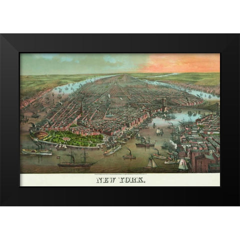 Birds-eye view of Manhattan, New York Black Modern Wood Framed Art Print by Unknown