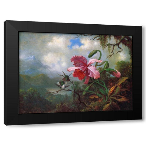 Orchid And Hummingbirds Near A Mountain Lake Black Modern Wood Framed Art Print by Heade, Martin Johnson