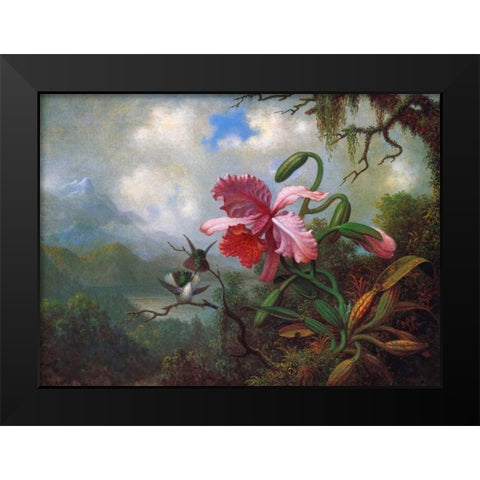 Orchid And Hummingbirds Near A Mountain Lake Black Modern Wood Framed Art Print by Heade, Martin Johnson