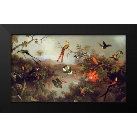 Tropical Landscape With Ten Hummingbirds Black Modern Wood Framed Art Print by Heade, Martin Johnson
