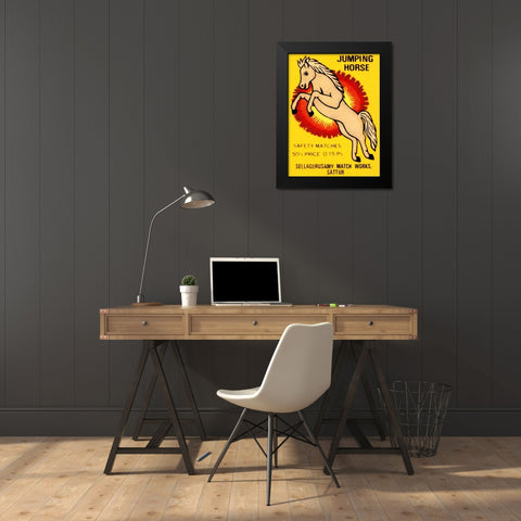 Jumping Horse Safety Matches Black Modern Wood Framed Art Print by Phillumenart