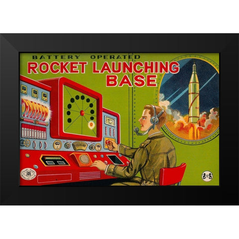 Rocket Launching Base Black Modern Wood Framed Art Print by Retrobot