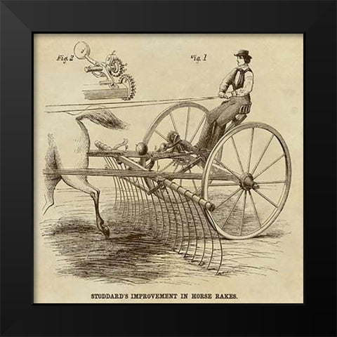 Stoddards Improvement in Horse Rakes Black Modern Wood Framed Art Print by Inventions