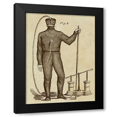 Diving Gear with Suit and Air Pump Black Modern Wood Framed Art Print by Inventions