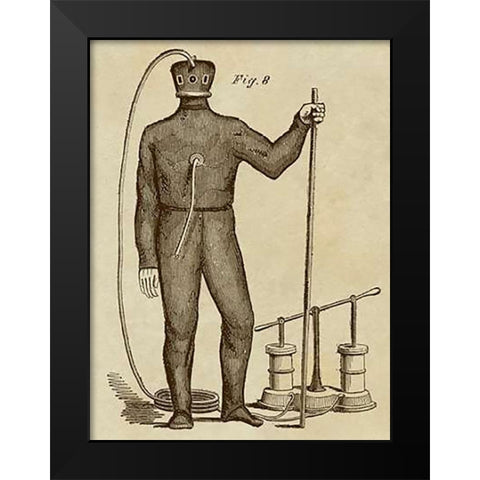 Diving Gear with Suit and Air Pump Black Modern Wood Framed Art Print by Inventions