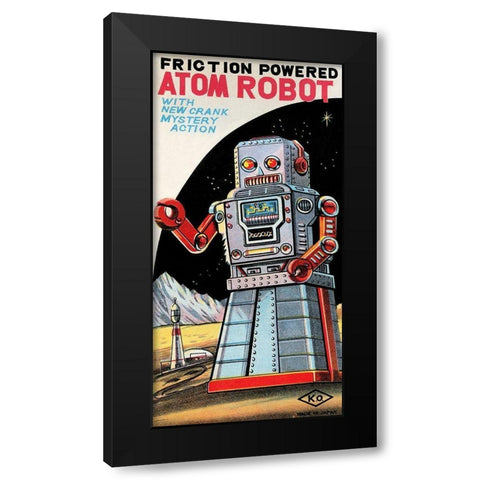 Friction Powered Atom Robot Black Modern Wood Framed Art Print by Retrobot