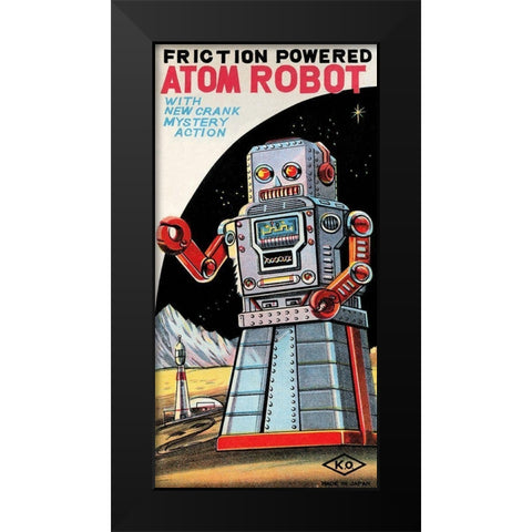 Friction Powered Atom Robot Black Modern Wood Framed Art Print by Retrobot