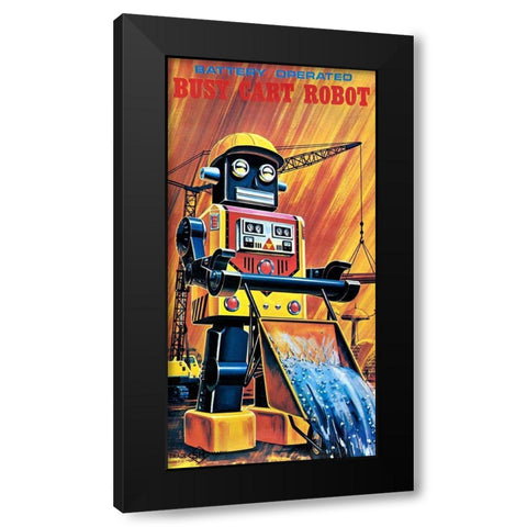 Busy Cart Robot Black Modern Wood Framed Art Print with Double Matting by Retrobot