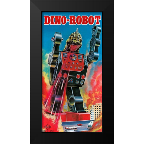 Dino-Robot Black Modern Wood Framed Art Print by Retrobot