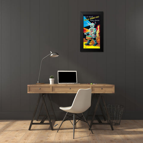 Musical Drummer Robot Black Modern Wood Framed Art Print by Retrobot