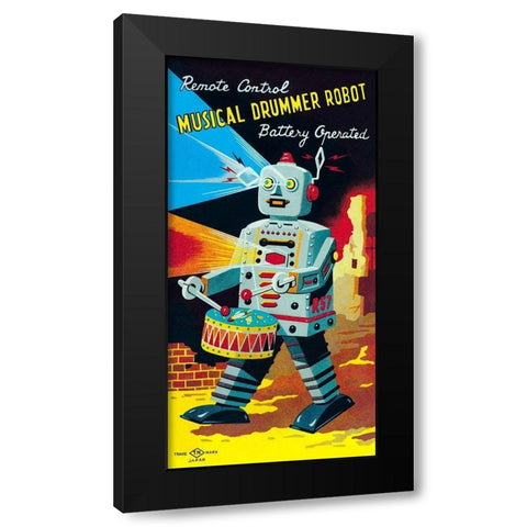 Musical Drummer Robot Black Modern Wood Framed Art Print by Retrobot