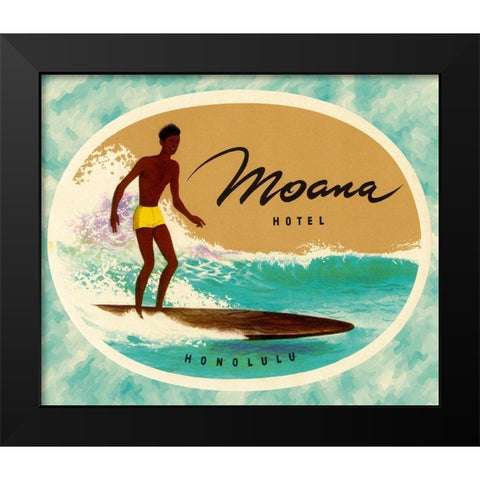 Moana Hotel Luggage Label Black Modern Wood Framed Art Print by Retrotravel