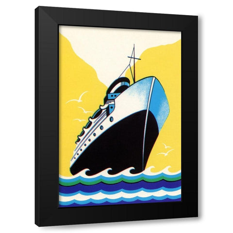 Steamship Cruise liner Boom Label Black Modern Wood Framed Art Print by Retrotravel