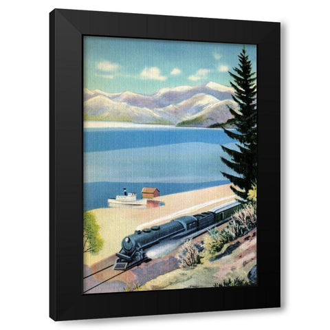 Steaming Along the Coast Black Modern Wood Framed Art Print by Retrotravel