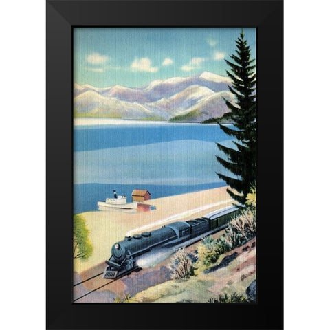 Steaming Along the Coast Black Modern Wood Framed Art Print by Retrotravel