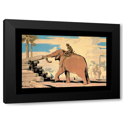 Moving Logs with Elephant Power Black Modern Wood Framed Art Print with Double Matting by Vintage Elephant
