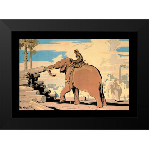 Moving Logs with Elephant Power Black Modern Wood Framed Art Print by Vintage Elephant
