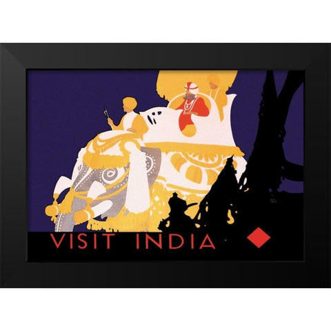 Visit India Black Modern Wood Framed Art Print by Vintage Elephant