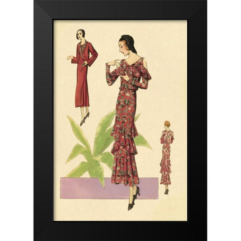 Party Dress with Ruffles and Flowers Black Modern Wood Framed Art Print by Vintage Fashion