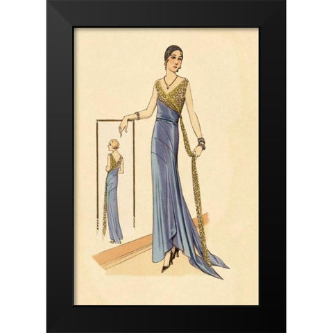 Evening Gown in Blue and Gold Black Modern Wood Framed Art Print by Vintage Fashion