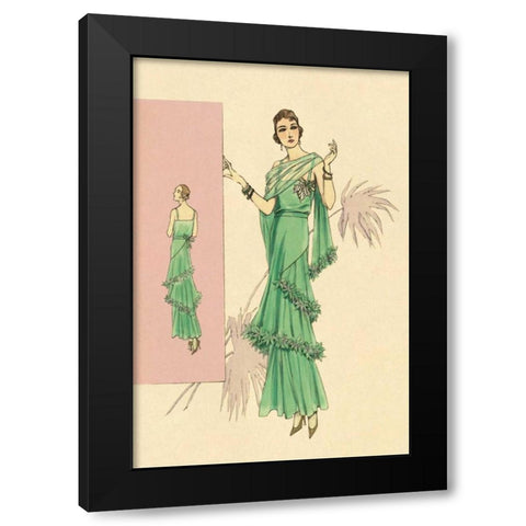Playful Green Evening Gown Black Modern Wood Framed Art Print with Double Matting by Vintage Fashion