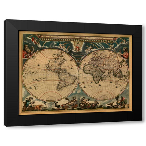 New and Accurate Map of the World Black Modern Wood Framed Art Print by Blaeu, Johannes