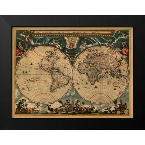 New and Accurate Map of the World Black Modern Wood Framed Art Print by Blaeu, Johannes