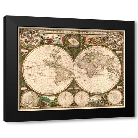 World Map Black Modern Wood Framed Art Print by De Wit, Frederick