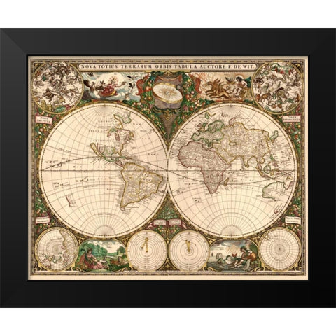 World Map Black Modern Wood Framed Art Print by De Wit, Frederick
