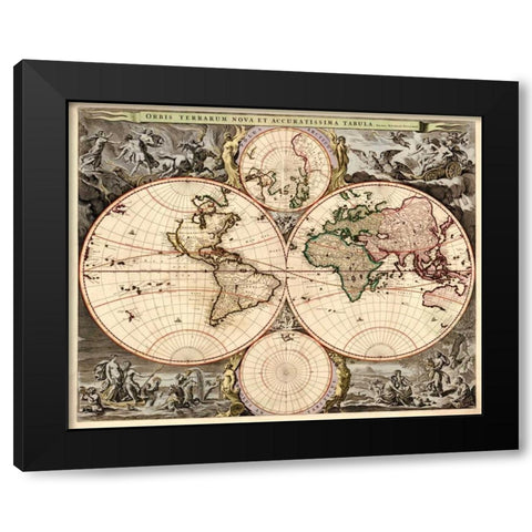 World Map Black Modern Wood Framed Art Print by Visscher, Nicolao