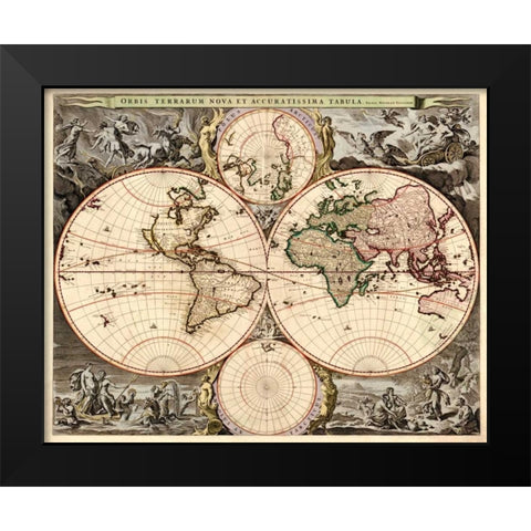 World Map Black Modern Wood Framed Art Print by Visscher, Nicolao