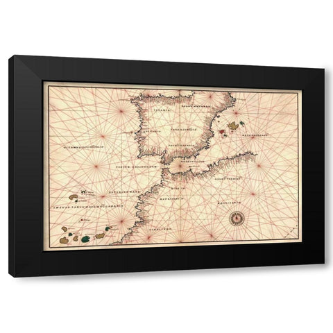 Portolan or Navigational Map of the Spain, Gibraltar and North Africa Black Modern Wood Framed Art Print by Agnese, Battista