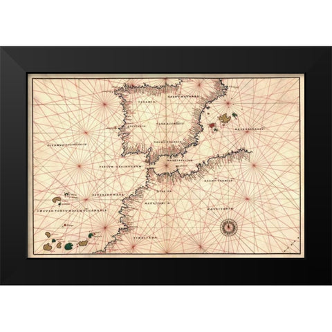 Portolan or Navigational Map of the Spain, Gibraltar and North Africa Black Modern Wood Framed Art Print by Agnese, Battista