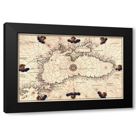 Portolan or Navigational Map of the Black Sea showing anthropomorphic winds Black Modern Wood Framed Art Print by Agnese, Battista