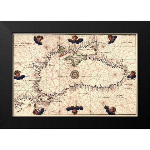 Portolan or Navigational Map of the Black Sea showing anthropomorphic winds Black Modern Wood Framed Art Print by Agnese, Battista