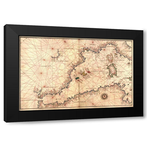 Portolan or Navigational Map of the Western Mediterranean from Gibraltar to Piedmont and Sardinia Black Modern Wood Framed Art Print by Agnese, Battista