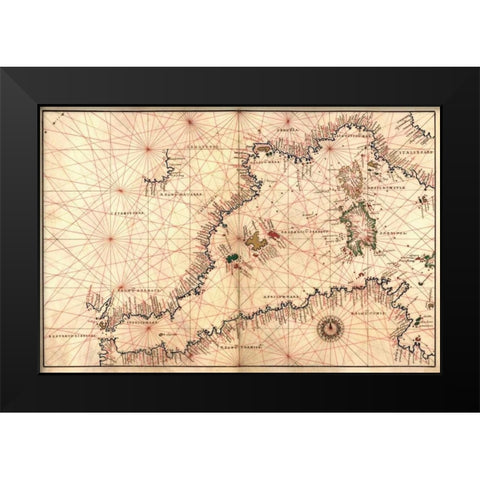 Portolan or Navigational Map of the Western Mediterranean from Gibraltar to Piedmont and Sardinia Black Modern Wood Framed Art Print by Agnese, Battista