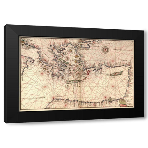 Portolan or Navigational Map of Greece, the Mediterranean and the Levant Black Modern Wood Framed Art Print by Agnese, Battista