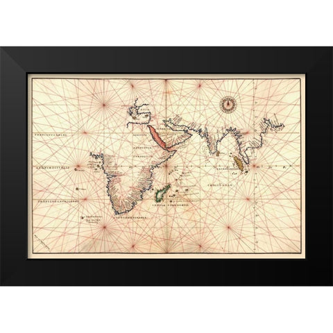 Portolan Map of Africa, the Indian Ocean and the Indian Subcontinent Black Modern Wood Framed Art Print by Agnese, Battista