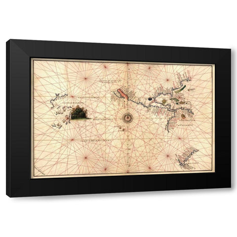 Portolan Map of the Western Hemisphere showing what will become the United States, Panama and a port Black Modern Wood Framed Art Print with Double Matting by Agnese, Battista