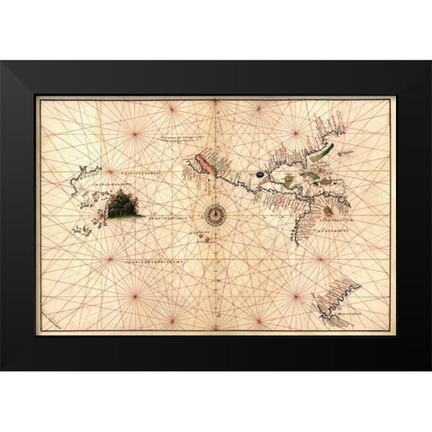 Portolan Map of the Western Hemisphere showing what will become the United States, Panama and a port Black Modern Wood Framed Art Print by Agnese, Battista