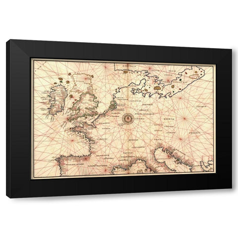 Portolan Map of Spain, England, France, Germany, The British Isles Black Modern Wood Framed Art Print by Agnese, Battista