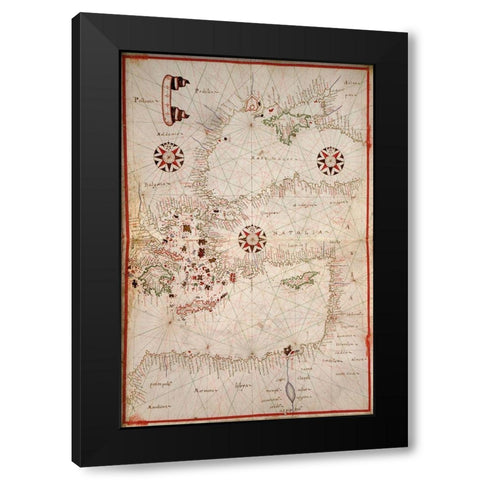 Portolan Map of Turkey, Mediterranean, Adriatic and the Agean Black Modern Wood Framed Art Print by Oliva, Joan
