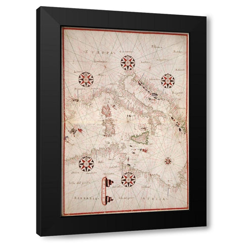 Portolan atlas of the Mediterranean Sea, western Europe, and the northwest coast of Africa - Central Black Modern Wood Framed Art Print by Oliva, Joan